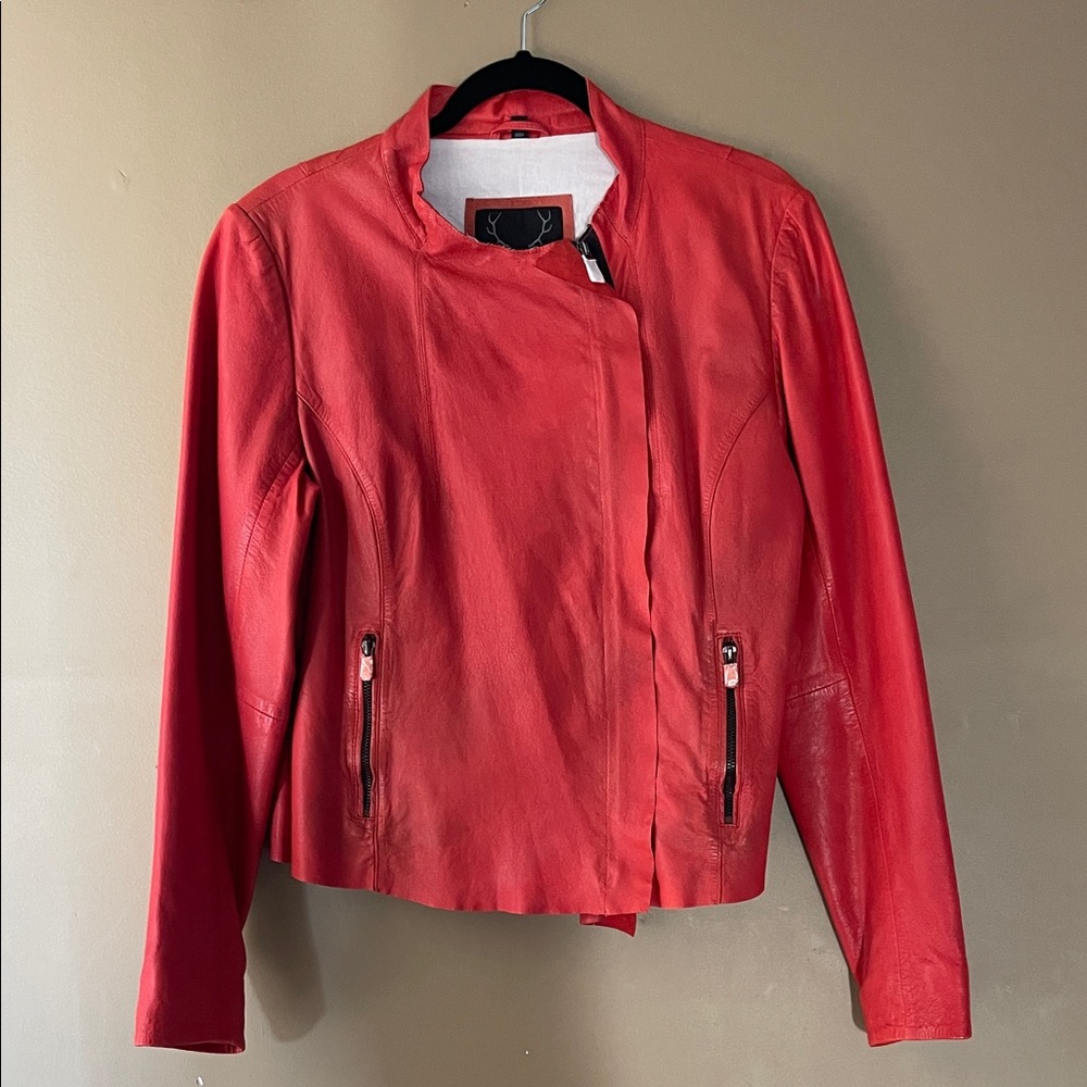 155. NWT Bod & Christensen Red Genuine Lambskin Leather Moto Jacket